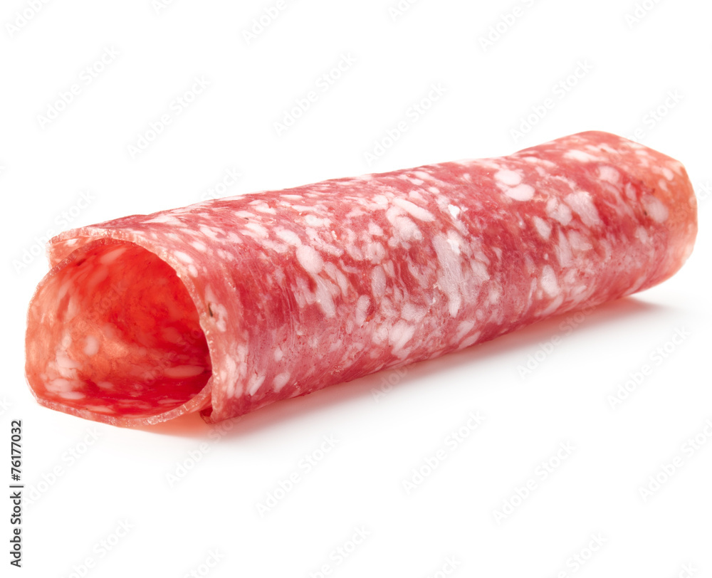 Salami sausage slice isolated on white background cutout Salami sausage slice isolated on white background cutout