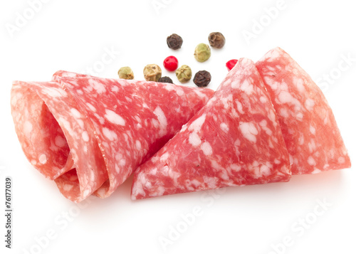 Salami sausage slices isolated on white background cutout