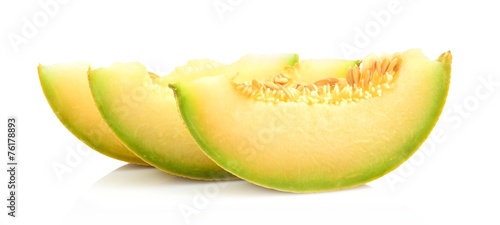 close-up shot Melon galia slices isolated white in studio