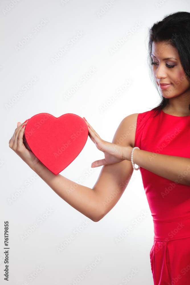 lovely woman with red heart shaped gift box lovely woman with red heart shaped gift box