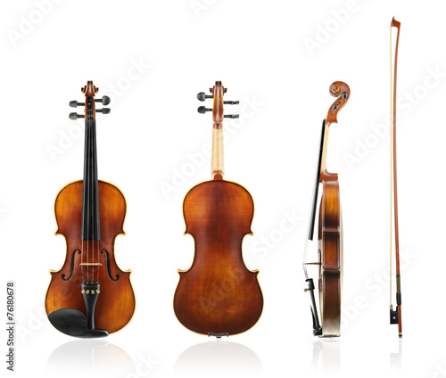 Photo Old violin front, back and side view with violin bow.