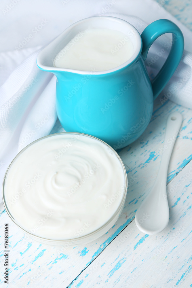 Dairy products on wooden table background Dairy products on wooden table background