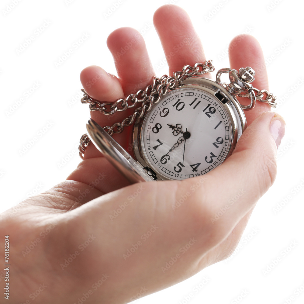 Silver pocket clock in hand isolated on white Silver pocket clock in hand isolated on white