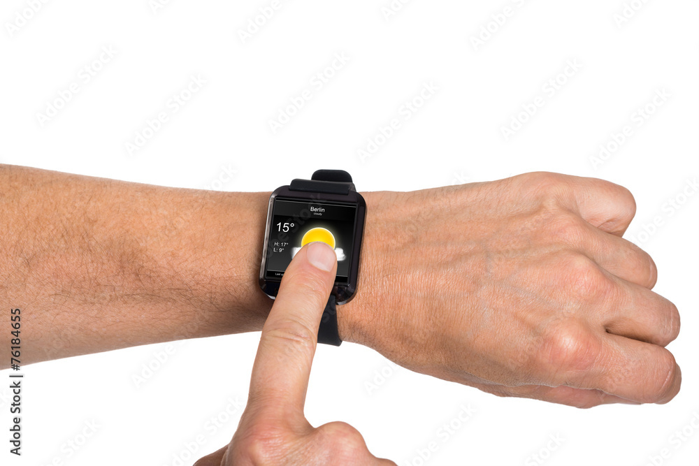 Fototapeta premium Hand Wearing Smartwatch Showing Weather Condition