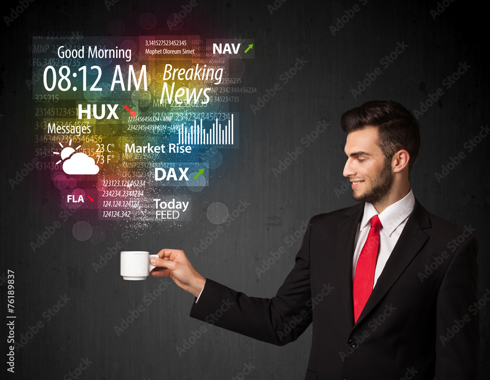 Businessman holding a white cup with daily news and information Businessman holding a white cup with daily news and information