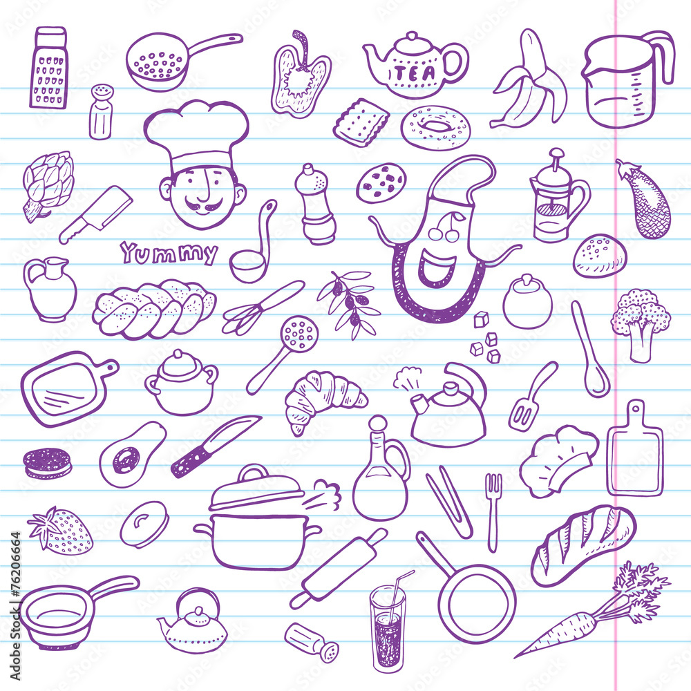 Hand drawn cooking and kitchen set Hand drawn cooking and kitchen set
