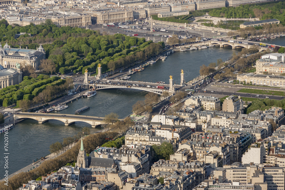 Fotografie Aerial view from Eiffel Tower on Seine River - Paris.