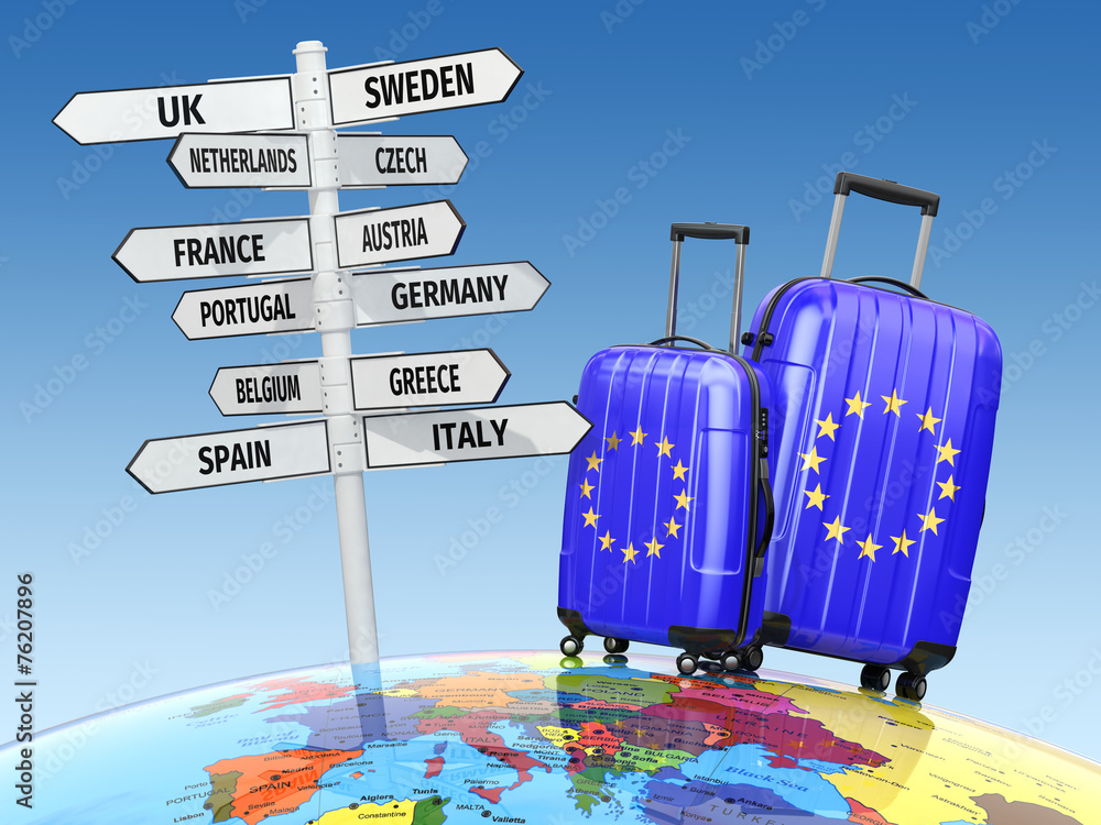 Travel concept. Suitcases and signpost what to visit in Europe. - obrazy, fototapety, plakaty 