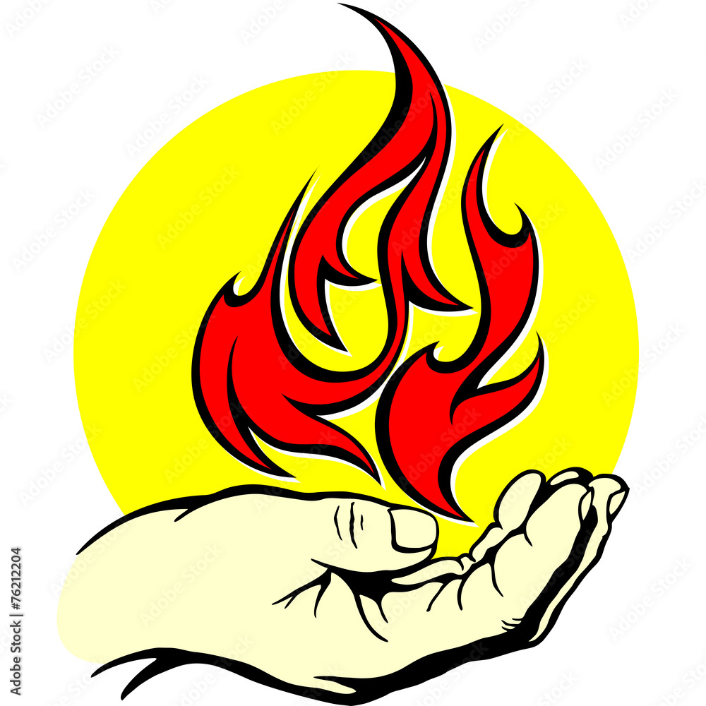 hand holds a red flame in a yellow circle, symbol, fire, icon, v Stock  Vector