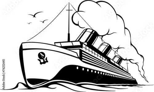 cruise liner in retro style steamer with smoke in the sea voyage