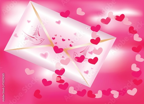 Valentine's Day card envelope with pigeons and hearts.