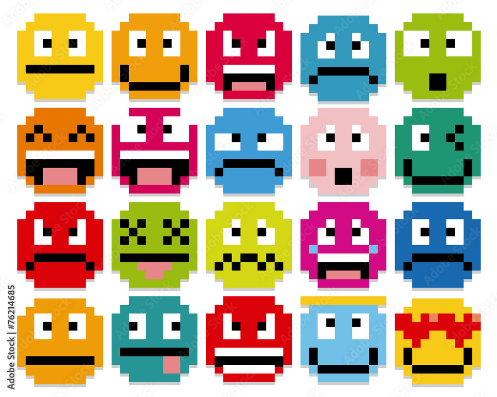 Naklejka premium Set Of Different Cartoon Pixel Faces