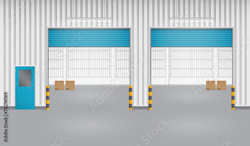 Storefront or shopfront is a facade or commercial building. Exterior with door and floor or entryway for retail shop or store. Protection with security shutter or roller door. Vector illustration.