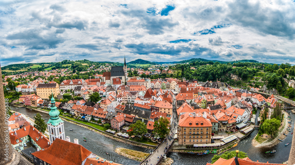 Panoramic aerial view over the old Town of Cesky Krumlov, Czech