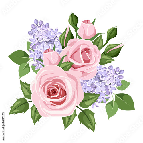 Pink roses and lilac flowers. Vector illustration.