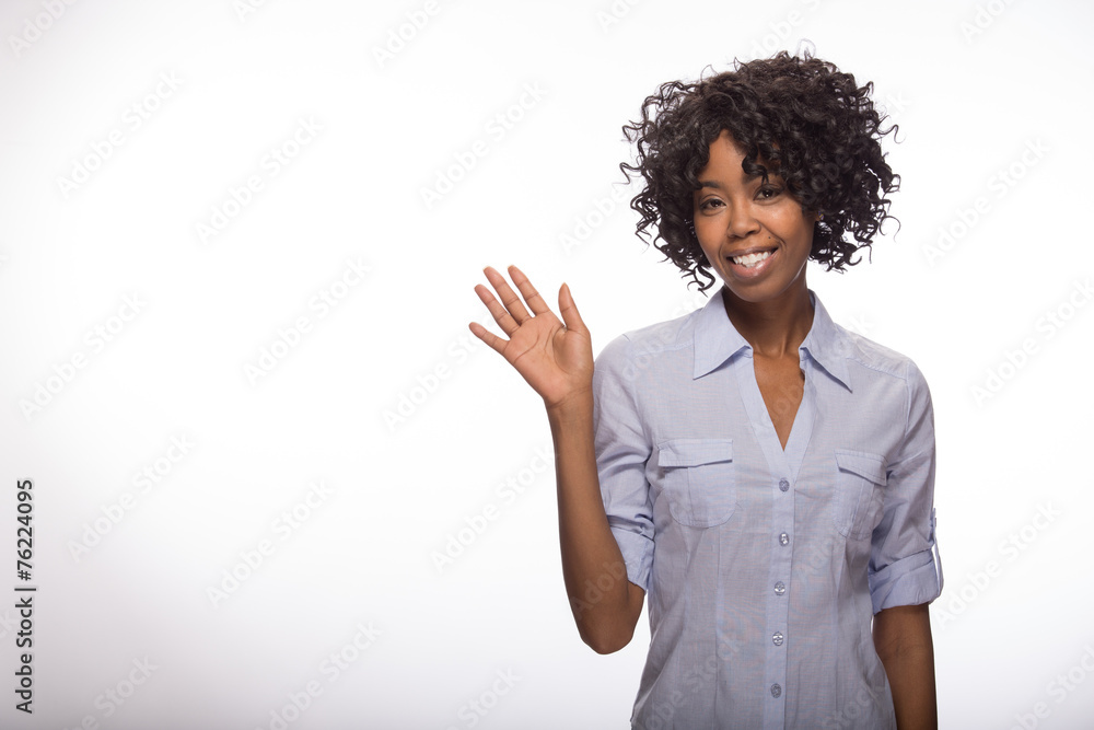 Young African American black woman waving hadn Young African American black woman waving hadn