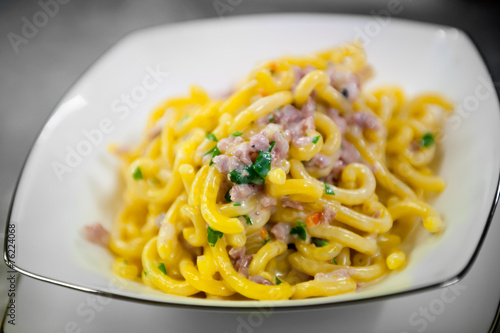 Gramigna (italian pasta) with pork sausage