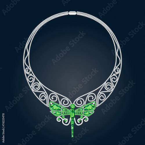 Necklace With Green and White Precious Stones and Shape of Drago