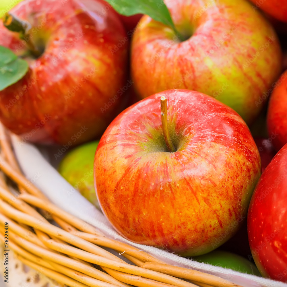 Organic apples in basket in summer grass. Fresh apples in nature Organic apples in basket in summer grass. Fresh apples in nature