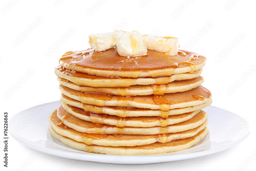 Stack of delicious pancakes with butter and honey isolated Stack of delicious pancakes with butter and honey isolated