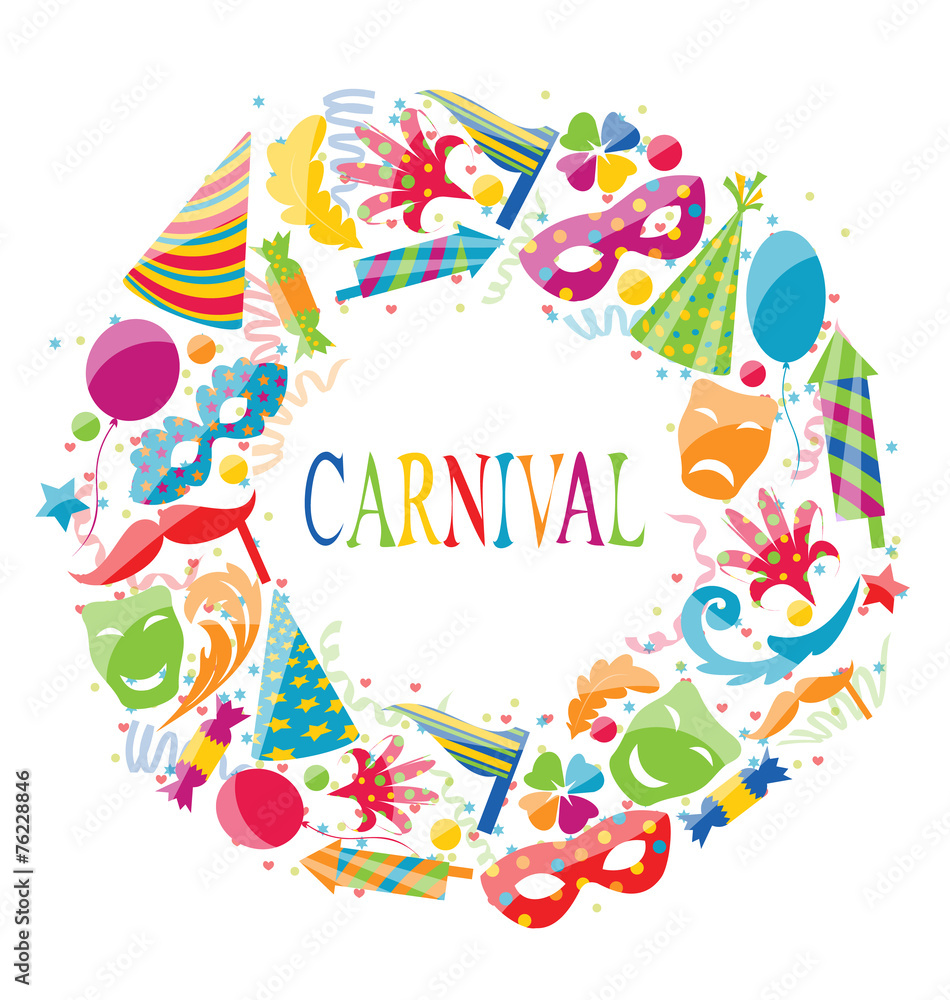 Festive round frame with carnival colorful icons Festive round frame with carnival colorful icons