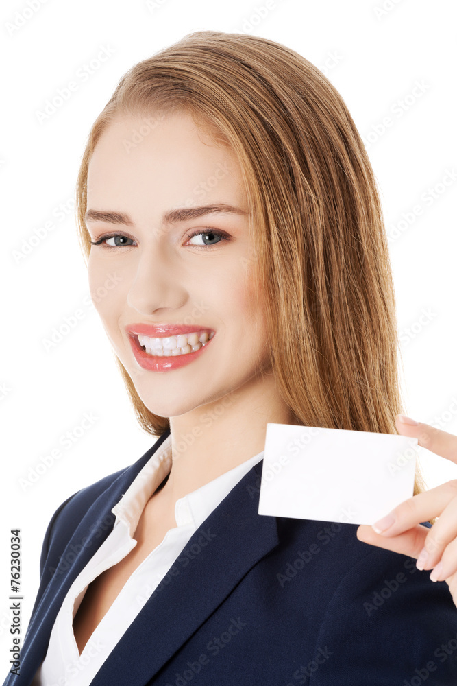 Beautiful smiling businesswoman with businesscard Beautiful smiling businesswoman with businesscard