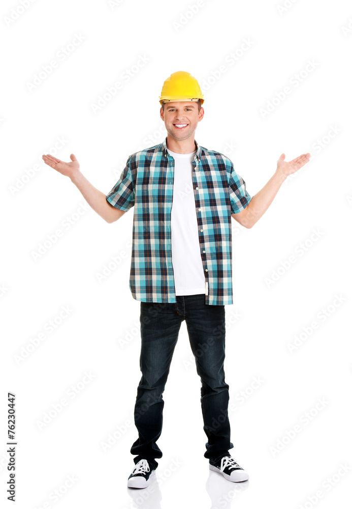 Happy worker presenting copy space. Happy worker presenting copy space.