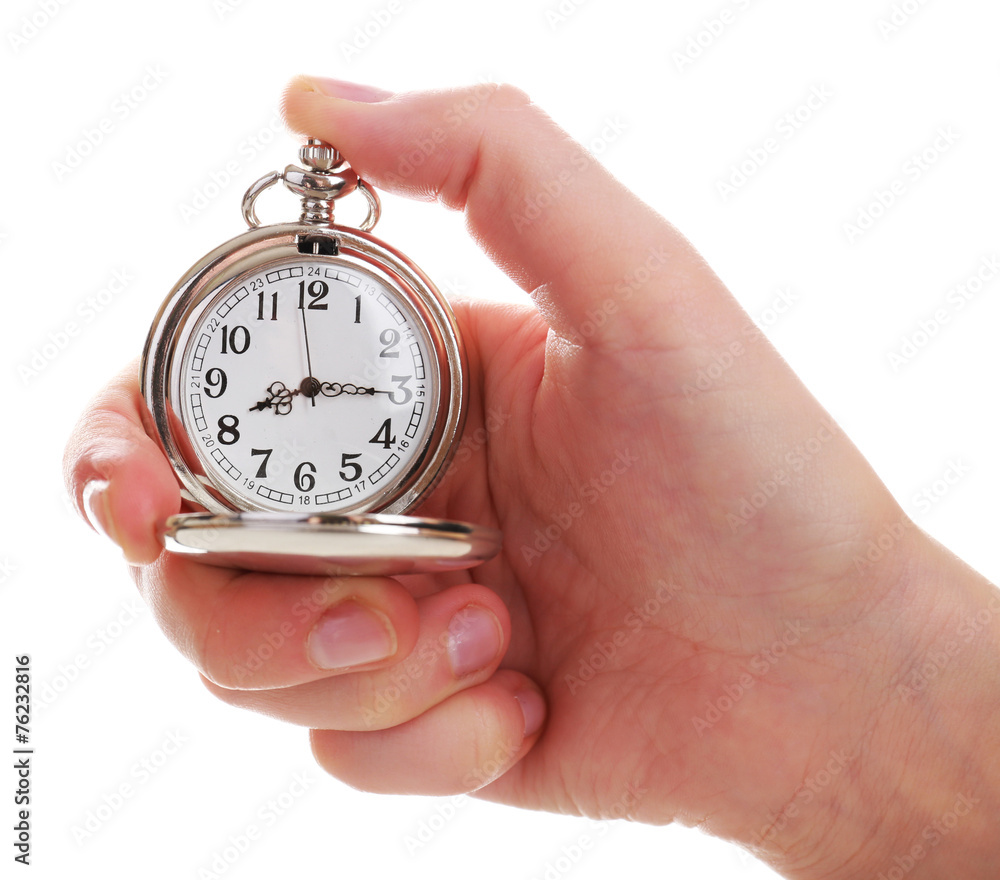 Silver pocket clock in hand isolated on white Silver pocket clock in hand isolated on white