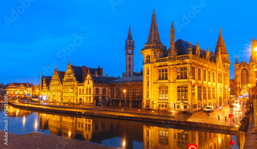 Quay Graslei in Ghent town at evening, Belgium