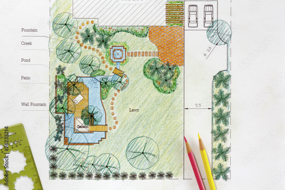 Naklejka premium Landscape Architect design water garden plans for backyard