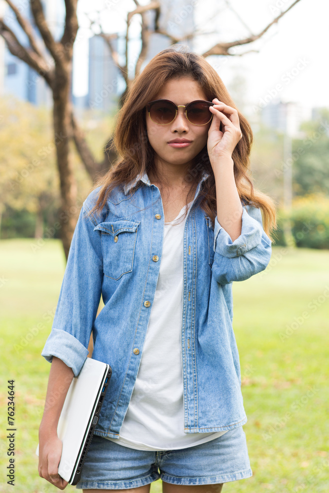 portrait young women wear glass and jeans shirt fashion portrait young women wear glass and jeans shirt fashion