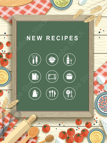 new recipes written on chalkboard in flat design