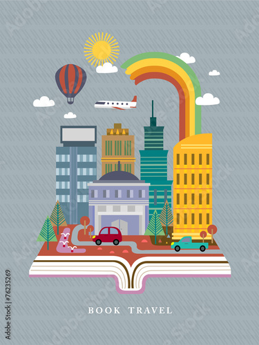 open book with city street scene in flat design