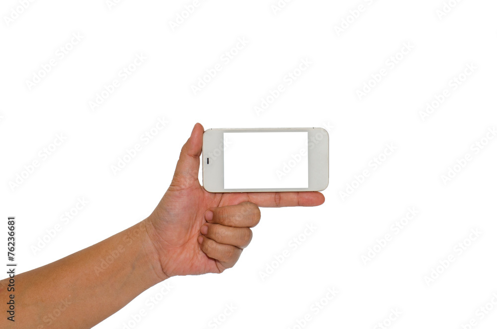 Hand holding smart phone isolated on white background Hand holding smart phone isolated on white background