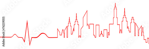 City Life Skyline Abstract On ECG Line Monitor