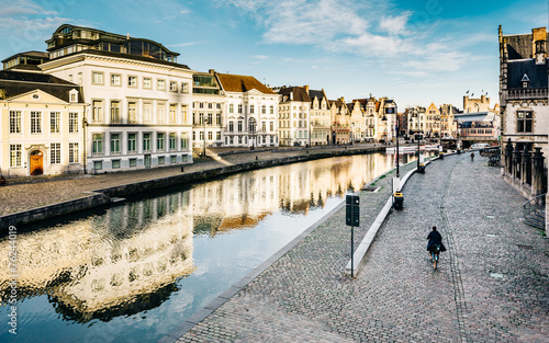 Vintage look of the canal and buildings in Gent Belgium