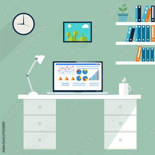 Office workstation. Computer in workspace, vector