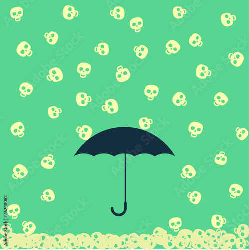 Rain of skulls falls to the ground, umbrella protects from him