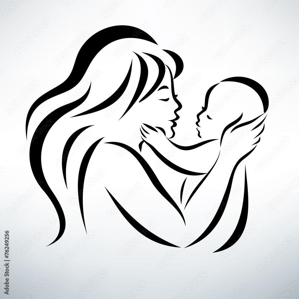 young mom hugs her baby, stylized vector symbol