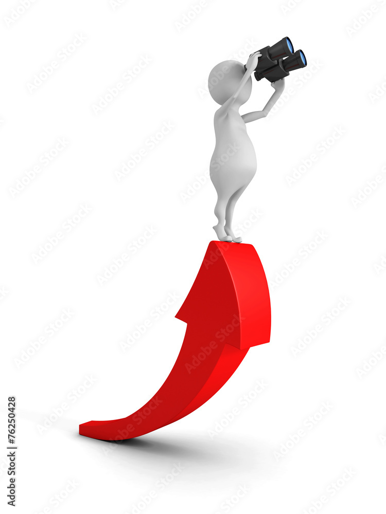 white 3d man with binocular on growing red arrow