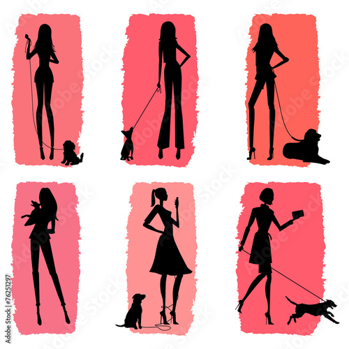 Women and Dogs - Silhouettes With Coral Background