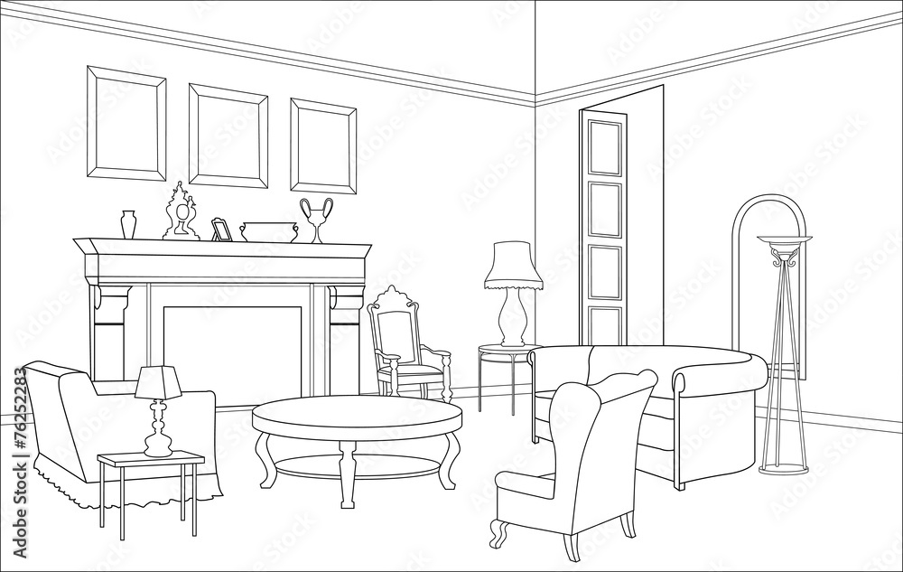Drawing-room. Editable vector illustration of an outline sketch of a interior. Graphical hand drawing interior. Drawing-room. Editable vector illustration of an outline sketch of a interior. Graphical hand drawing interior.