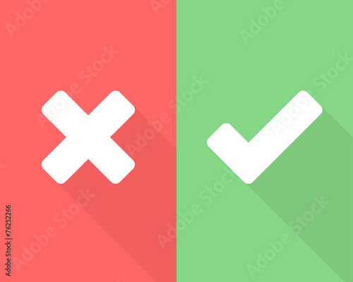 Wrong and right check mark flat icons with long shadow