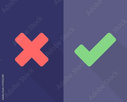 Wrong and right check mark flat icons with long shadow