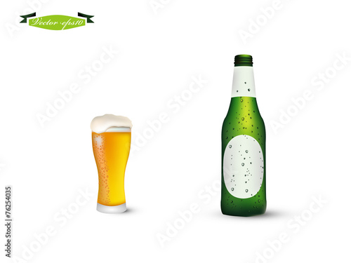 beautiful realistic glass and bottle of beer
