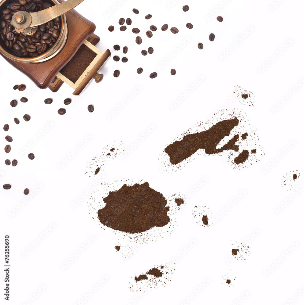 Coffee powder in the shape of Fiji and a coffee mill.(series) Coffee powder in the shape of Fiji and a coffee mill.(series)
