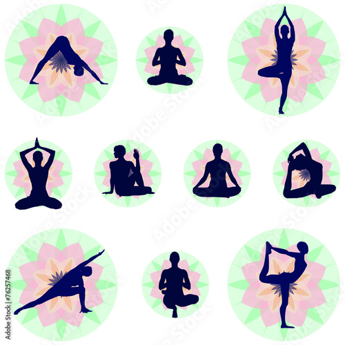 Yoga Postures Set With Floral Backgrounds