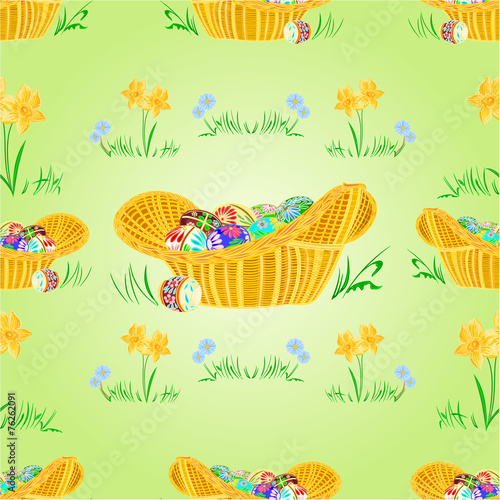 Straw basket with Easter eggs seamless texture vector