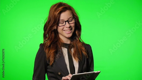 Business Woman working at the office (green screen,alpha)