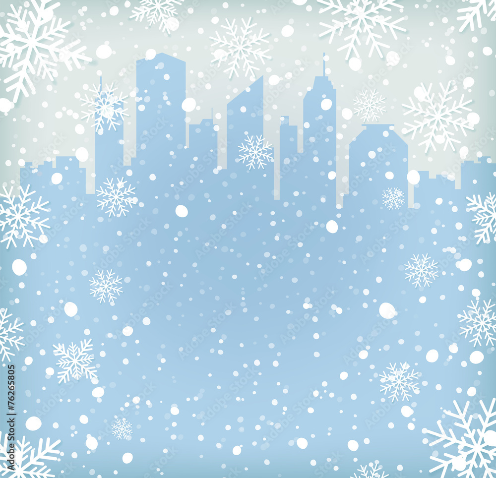 Background with snow flakes and city silhouette